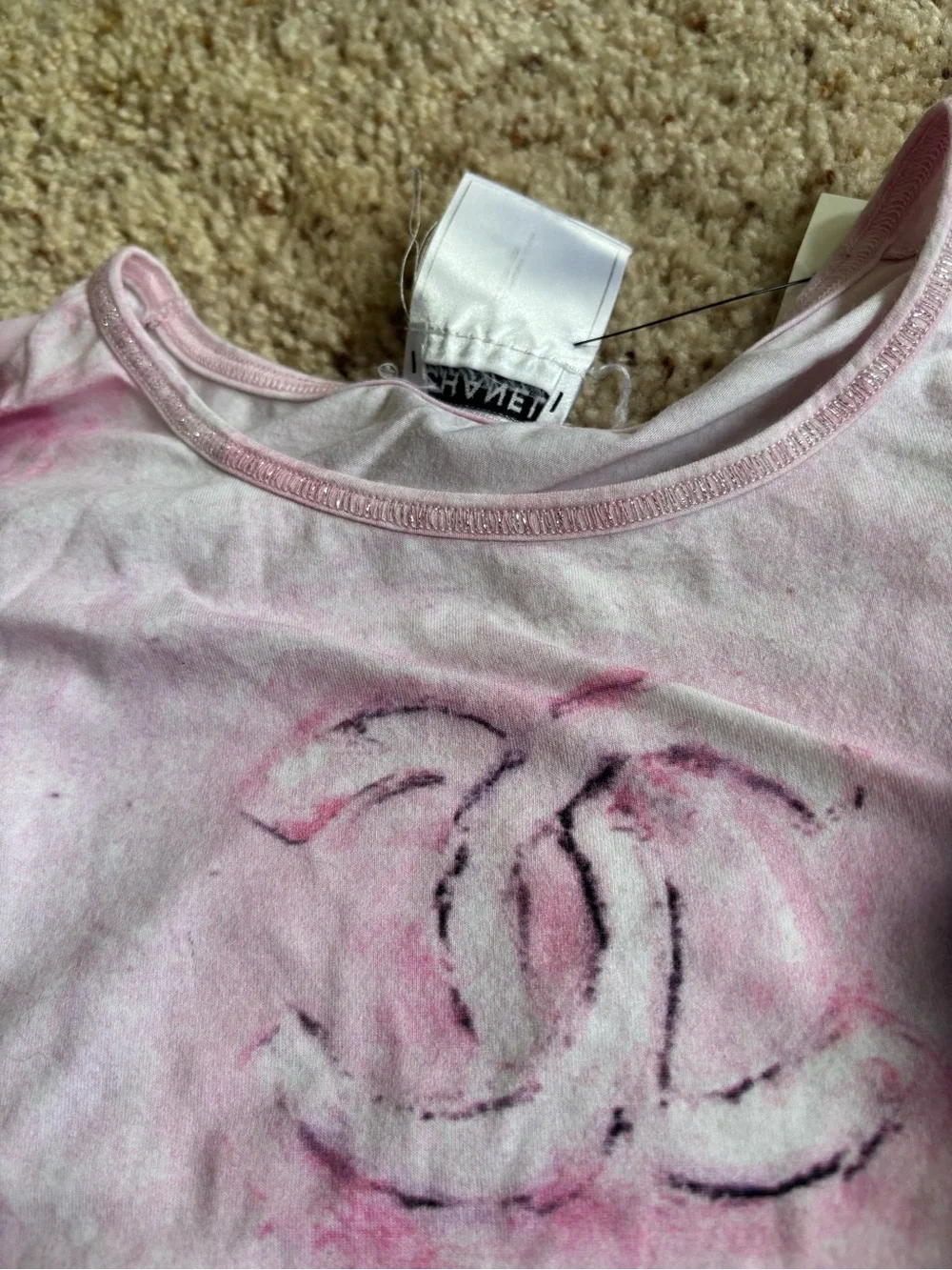 CHANEL Pink Tie-Dye Short Sleeve Logo Tee L